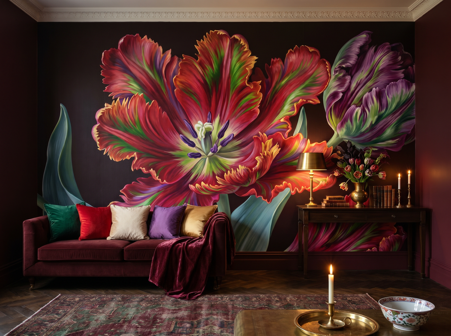 Giant Tulip Parrot scenic wallpaper mural on the feature wall of an English-country dining room, in a rich red-and-burgundy palette — The Wall Shawl.