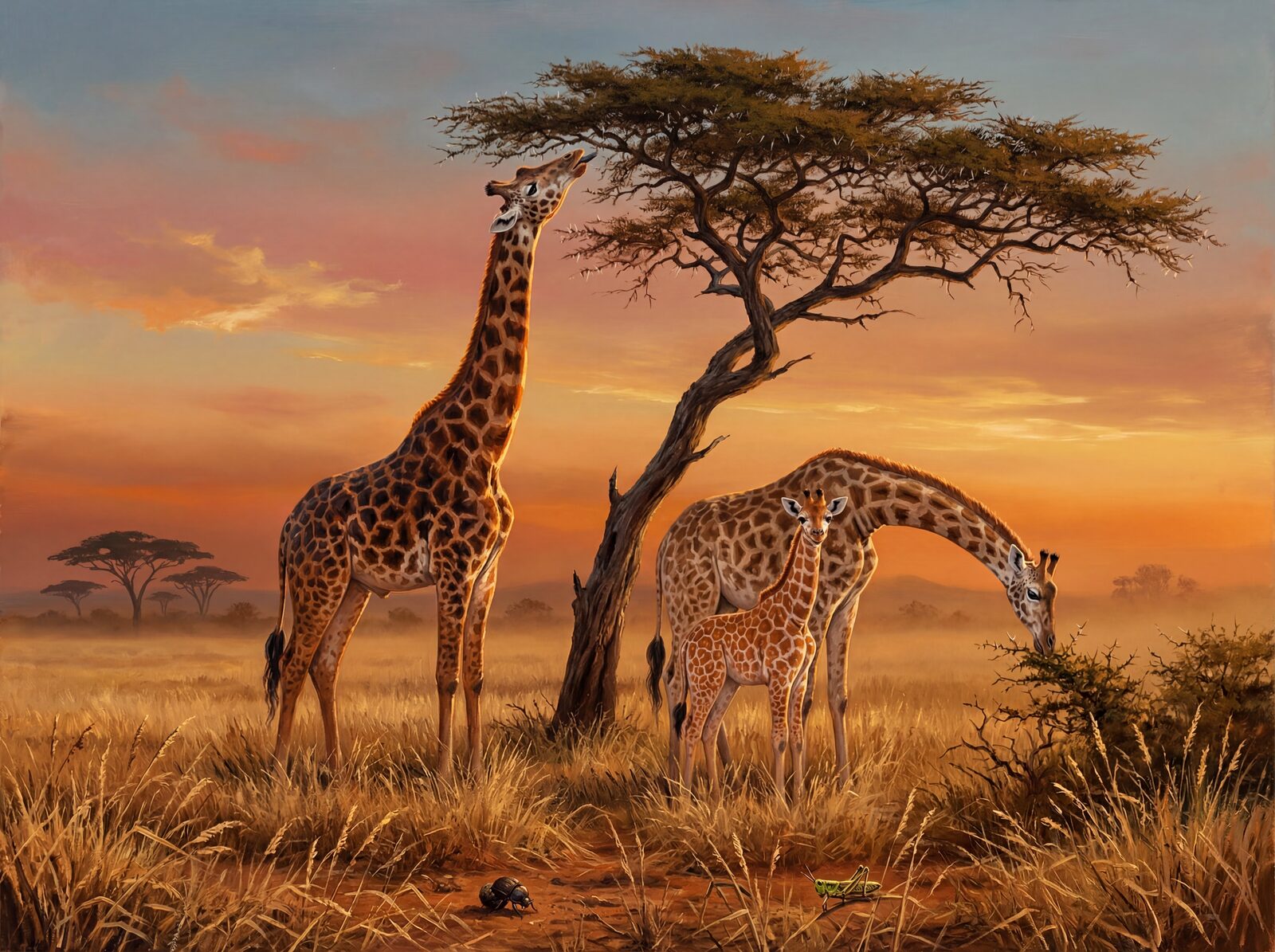 African savanna scene with giraffes, dark chocolate-brown and pale cream palette. Made to order.