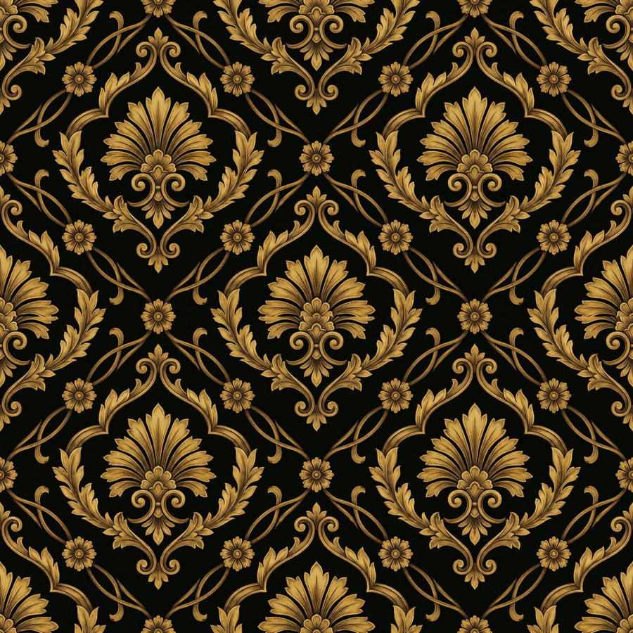 Experience opulent restraint with our Gold on Black Damask mural wallpaper. Warm, tarnished gold glows against a deep lacquer black. Made to order.