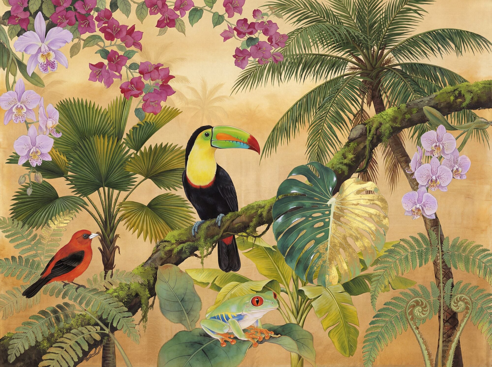 Gold Paradise tropical chinoiserie mural wallpaper — keel-billed toucan on a mossy branch, scarlet tanager, hummingbird and red-eyed tree frog among monstera, bougainvillea and orchids on burnished gold silk