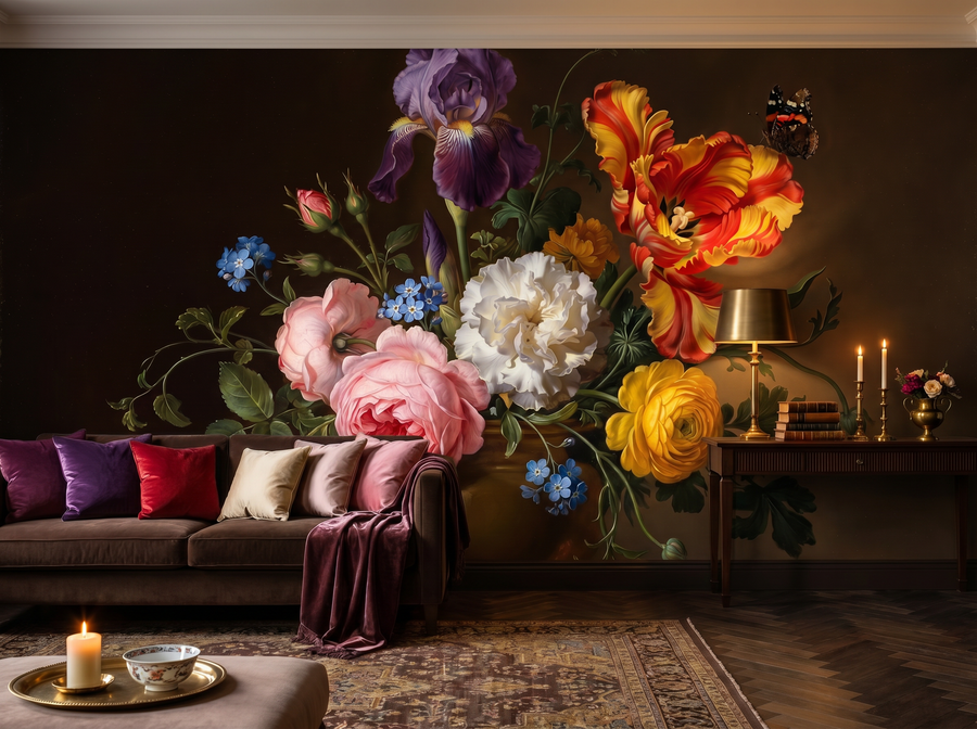 Golden Age Bouquet scenic wallpaper mural on the feature wall of an English-country dining room, in a moody black-and-charcoal palette — The Wall Shawl.