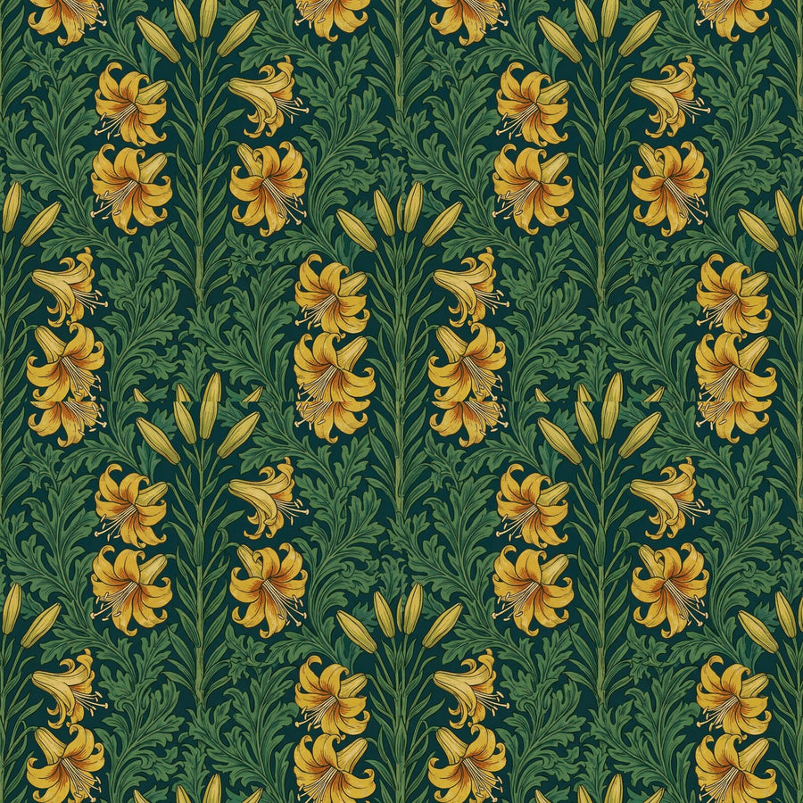 Experience the opulent Golden Lily mural wallpaper, a rich tapestry of deep teal, luminous gold, and burnt orange. Made to order.