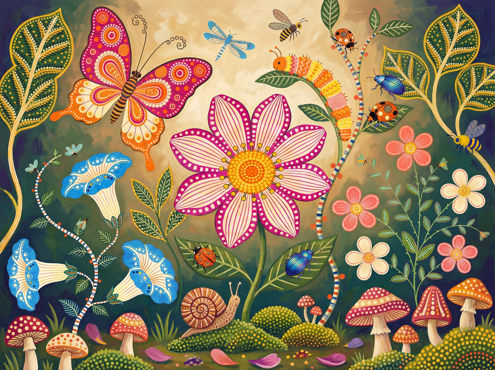 Step into an intimate, exuberant garden of patterned flora and fauna in deep greens, vivid magentas, and warm oranges. Made to order.