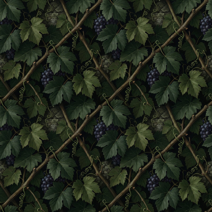Immerse yourself in ancient persistence with Gothic Vine. A cool near-black ground, deep greens, and dusty purple grapes. Made to order.