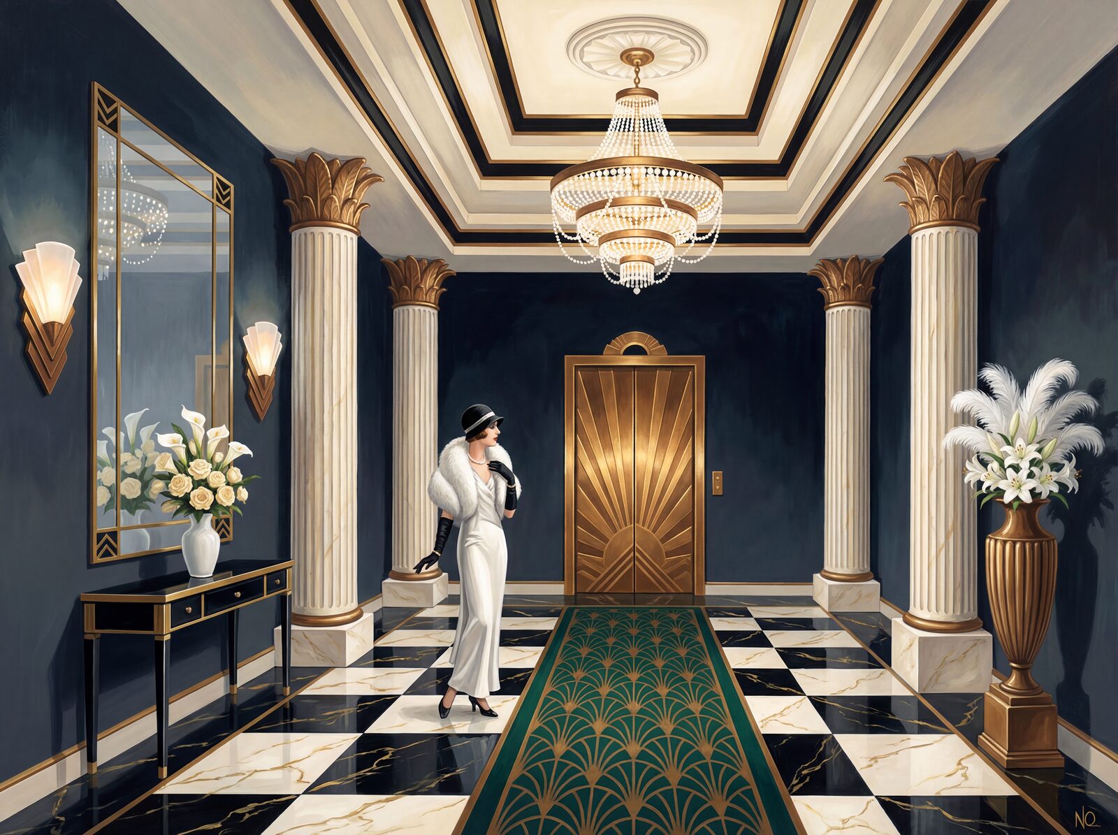 Scenic mural wallpaper in Marble Dark, Ivory Marble, and Bronze Fitting. Made to order.