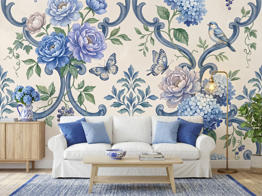 Grandmillennial Garden Damask scenic wallpaper mural on the feature wall of a grandmillennial living room, in a cool blue palette — The Wall Shawl.