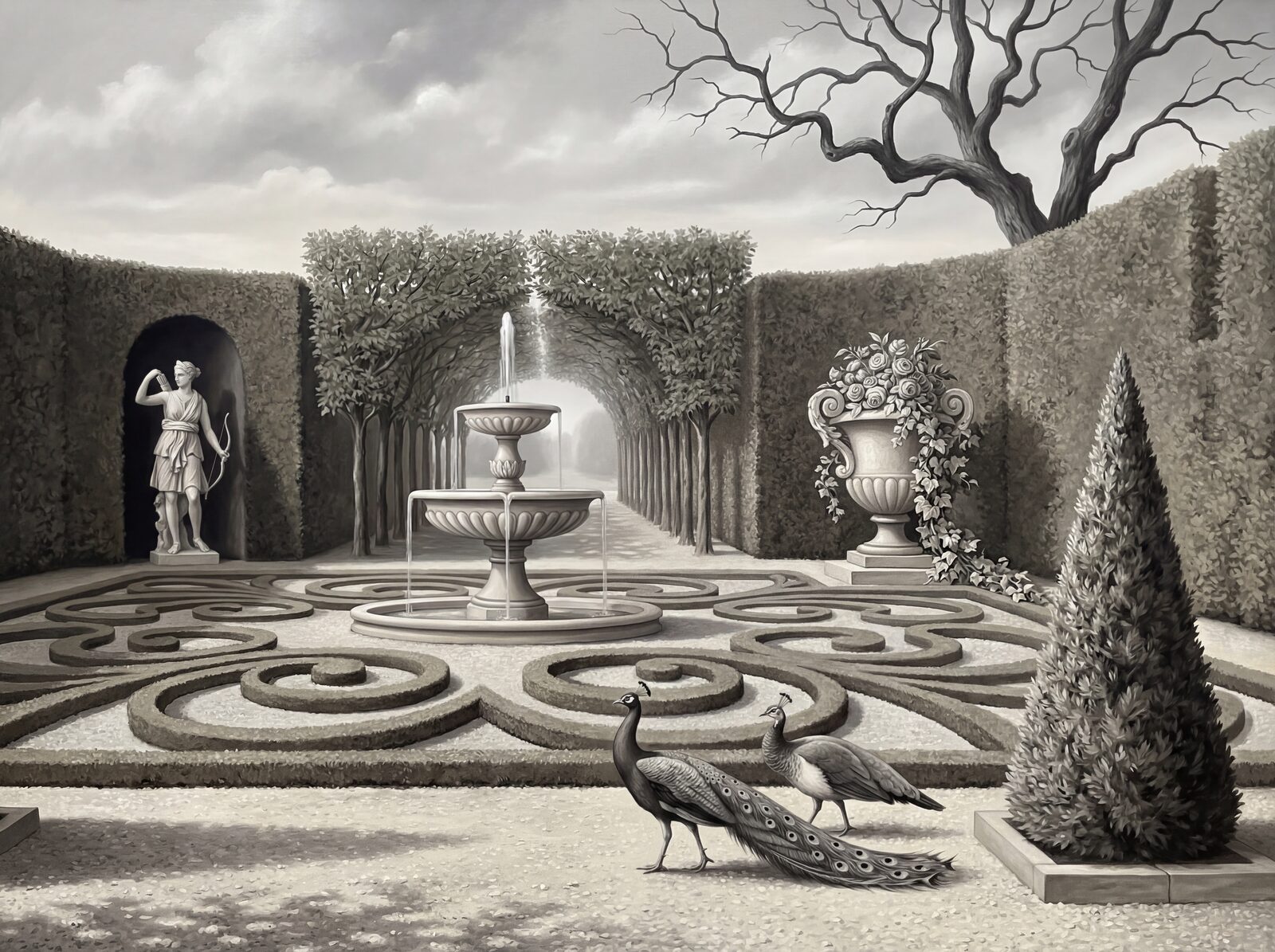 Grisaille Garden mural wallpaper in grey palette. Made to order.