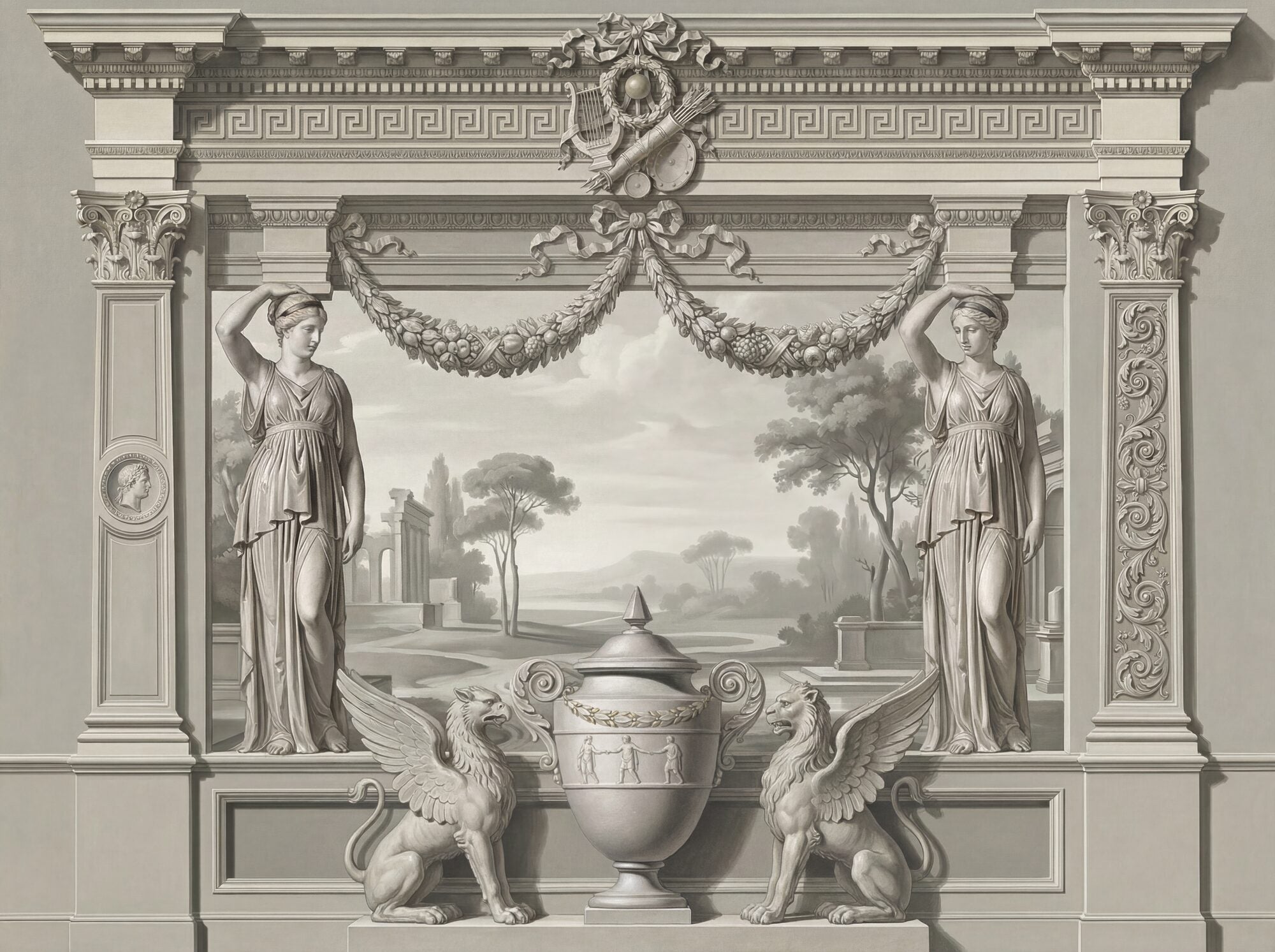 Grisaille panels mural wallpaper in cool stone-grey tones: trompe l'oeil neoclassical architecture with caryatid figures, heraldic griffins flanking a lidded urn, garland swags, frieze and Corinthian pilasters