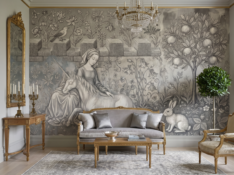 Grisaille Tapestry scenic wallpaper mural on the feature wall of a traditional bedroom, in a soft grey palette — The Wall Shawl.