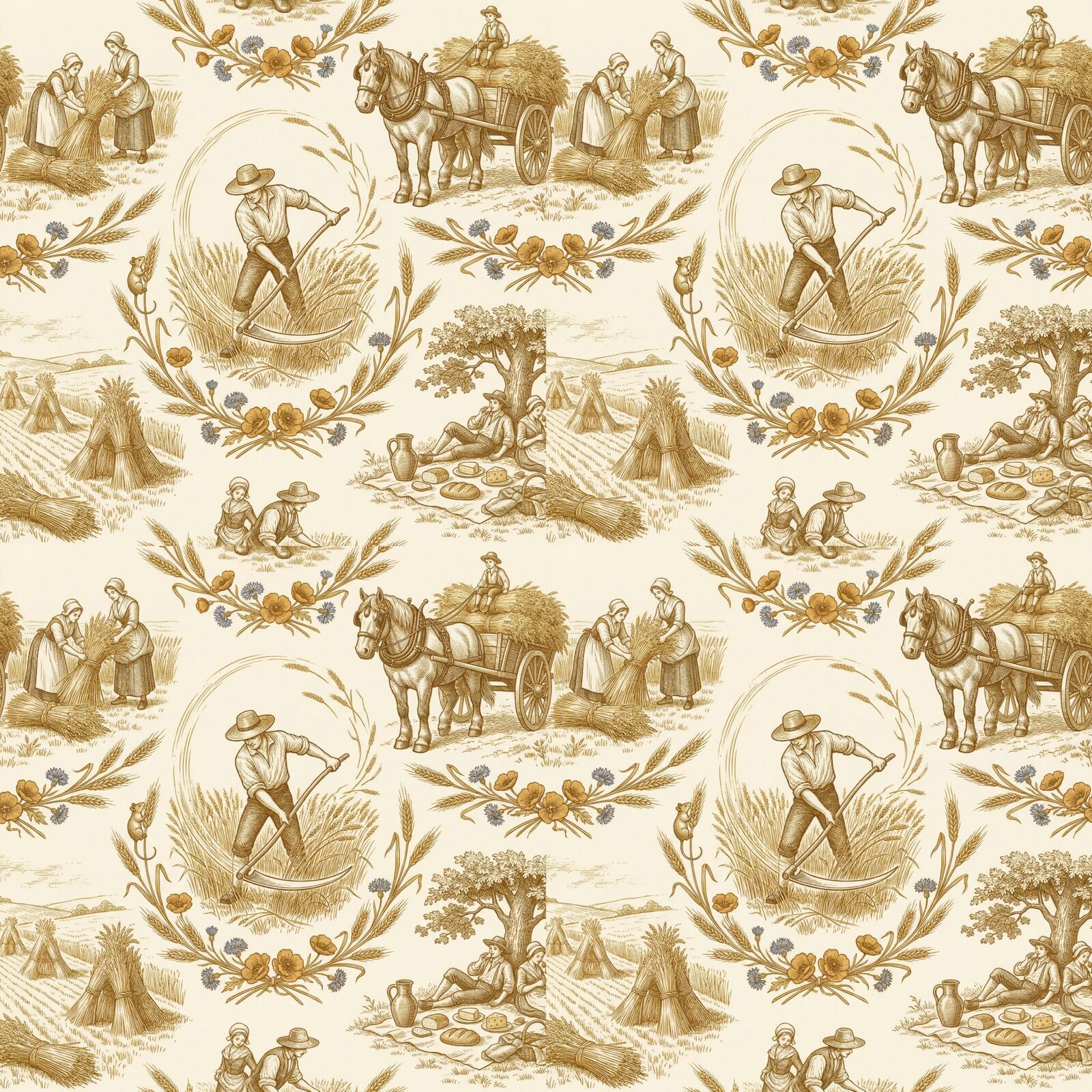 Experience the golden abundance of a summer harvest in this agricultural toile, rendered in warm ochre tones on French cream. Made to order.