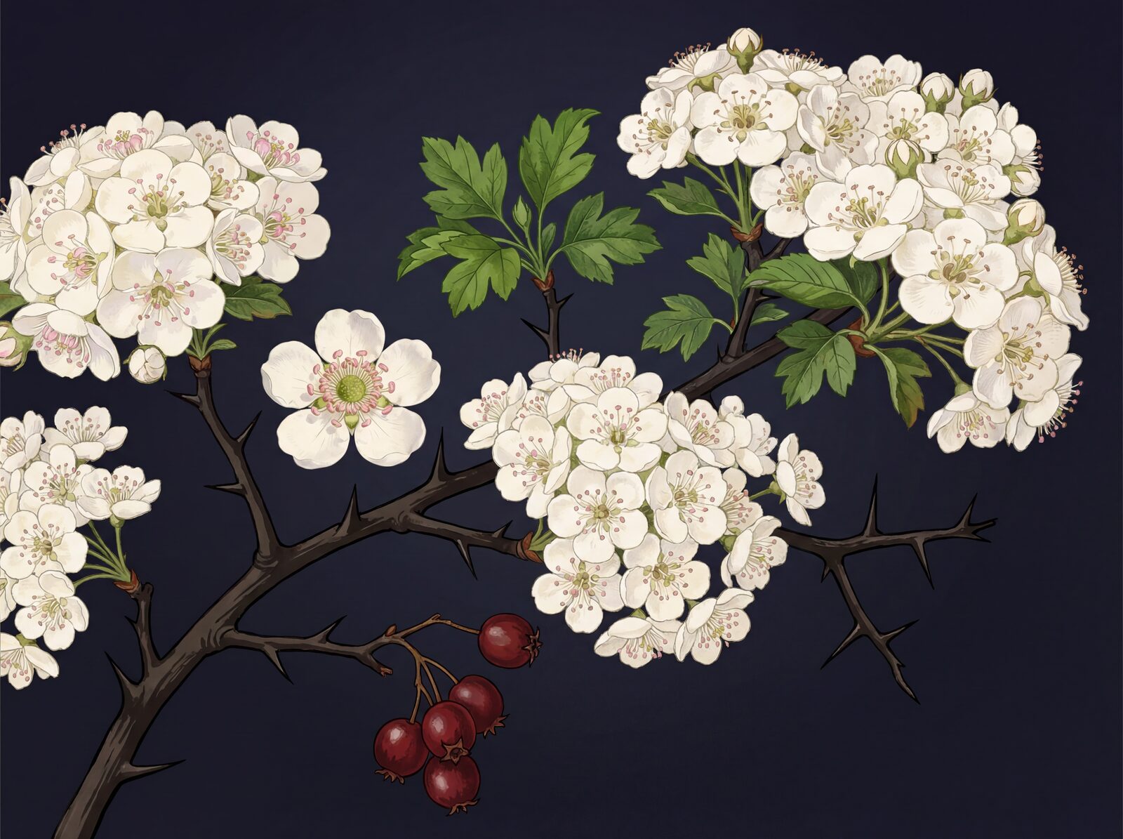 Experience early May with Hawthorn in Flower. White blossom, dark thorns, and deep green leaves. Made to order.