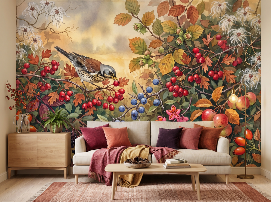 Hedgerow Autumn scenic wallpaper mural on the feature wall of an English-country dining room, in a rich red-and-burgundy palette — The Wall Shawl.