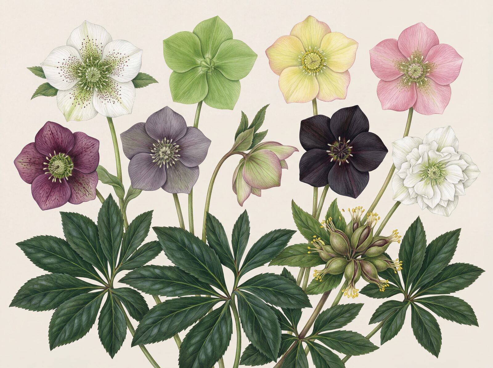 A refined botanical study of hellebore blooms in plum, green, primrose, and slate. Made to order.