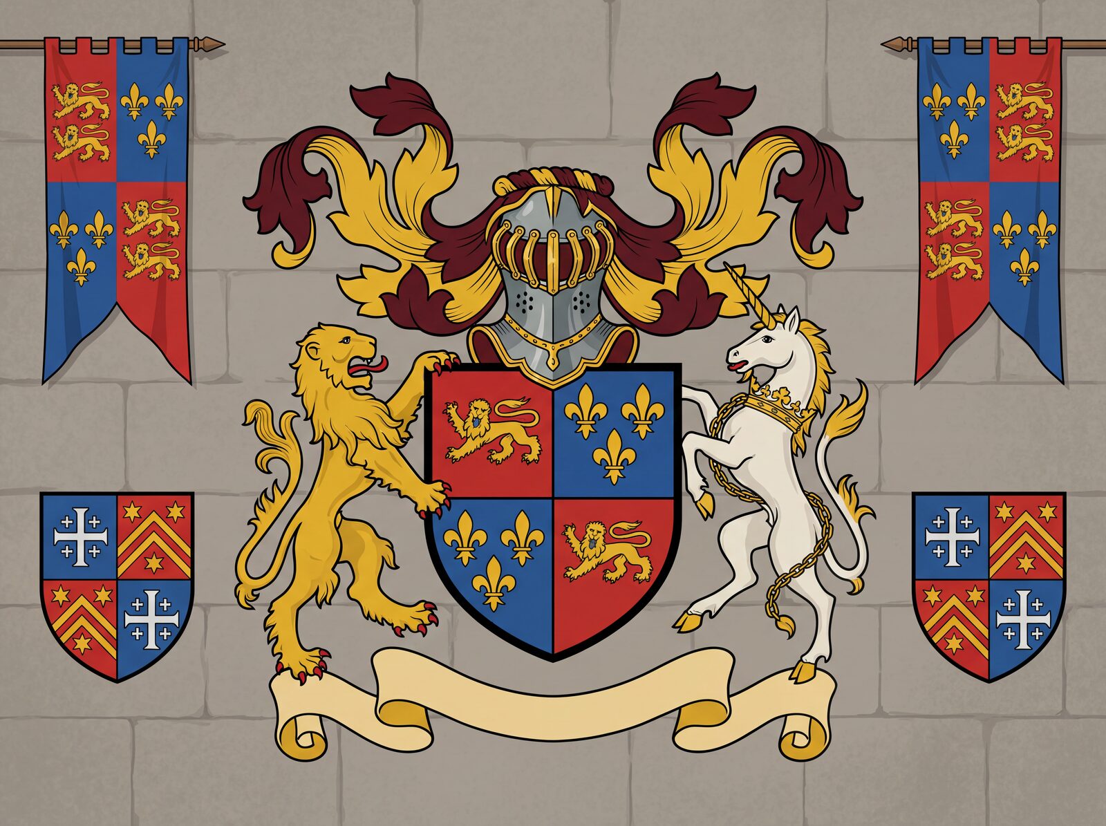 Declare your domain with this bold heraldic mural, rich in Gules Red, Azure Blue, and Or Gold. Made to order.