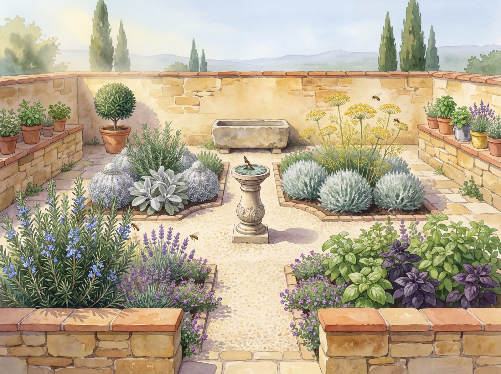 Step into a fragrant Provencal herb garden. Sage, rosemary, thyme, and fennel in a warm, ordered palette. Made to order.