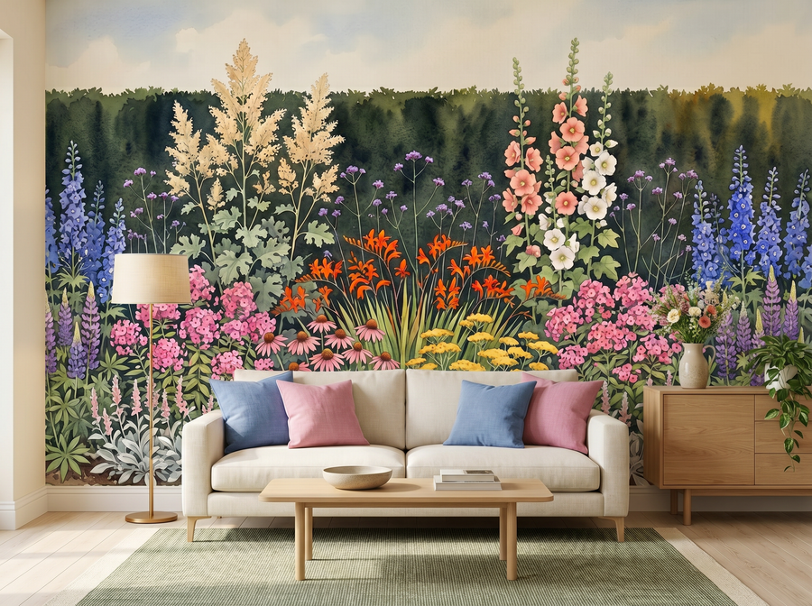Herbaceous Border scenic wallpaper mural on the feature wall of an English-country dining room, in a moody black-and-charcoal palette — The Wall Shawl.