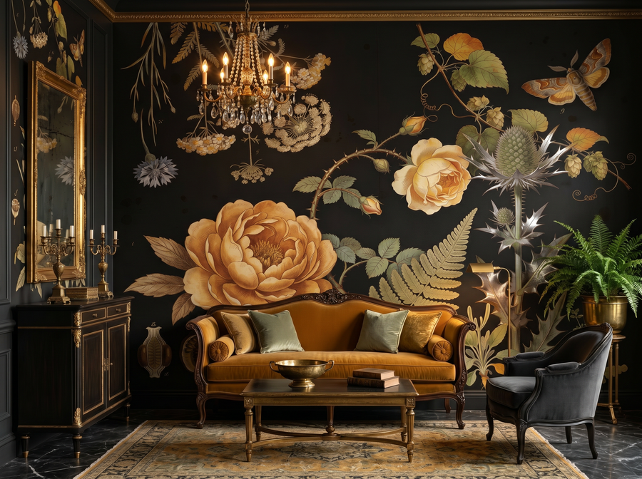 Heritage Noir — Hand-Painted scenic wallpaper mural on the feature wall of a dark-academia dining room, in a warm brown-and-taupe palette — The Wall Shawl.