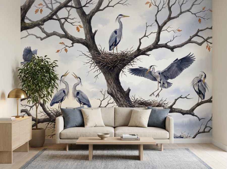 Heron Rookery scenic wallpaper mural on the feature wall of an English-country study, in a soft grey palette — The Wall Shawl.