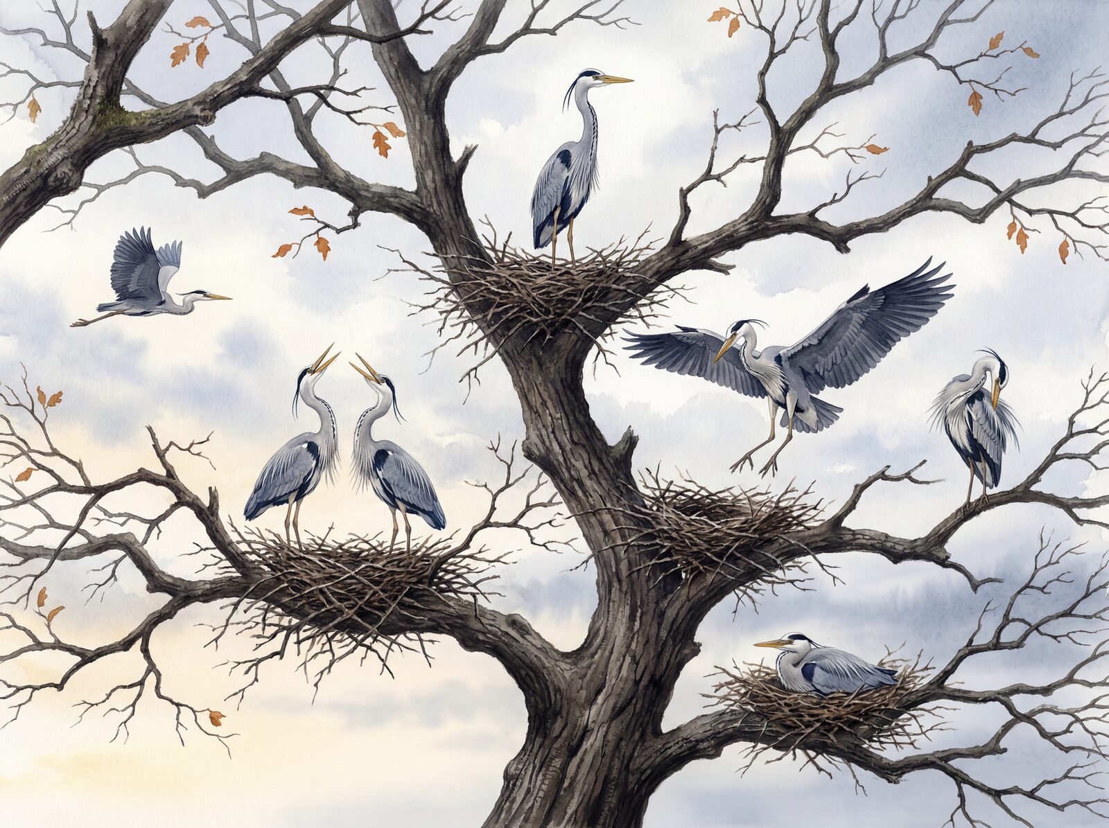Stark, elegant heron rookery mural with Heron Grey, Plume Black, and Winter Sky palette. Made to order.