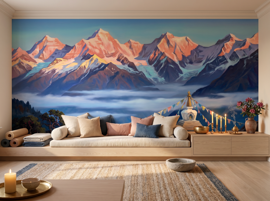 Himalayan Dawn scenic wallpaper mural on the feature wall of a modern-rustic bedroom, in a cool blue palette — The Wall Shawl.
