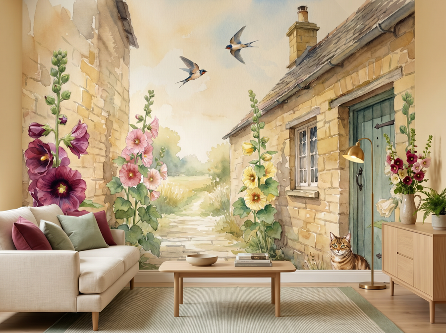 Hollyhock Alley scenic wallpaper mural on the feature wall of an English-country bedroom, in a soft grey palette — The Wall Shawl.