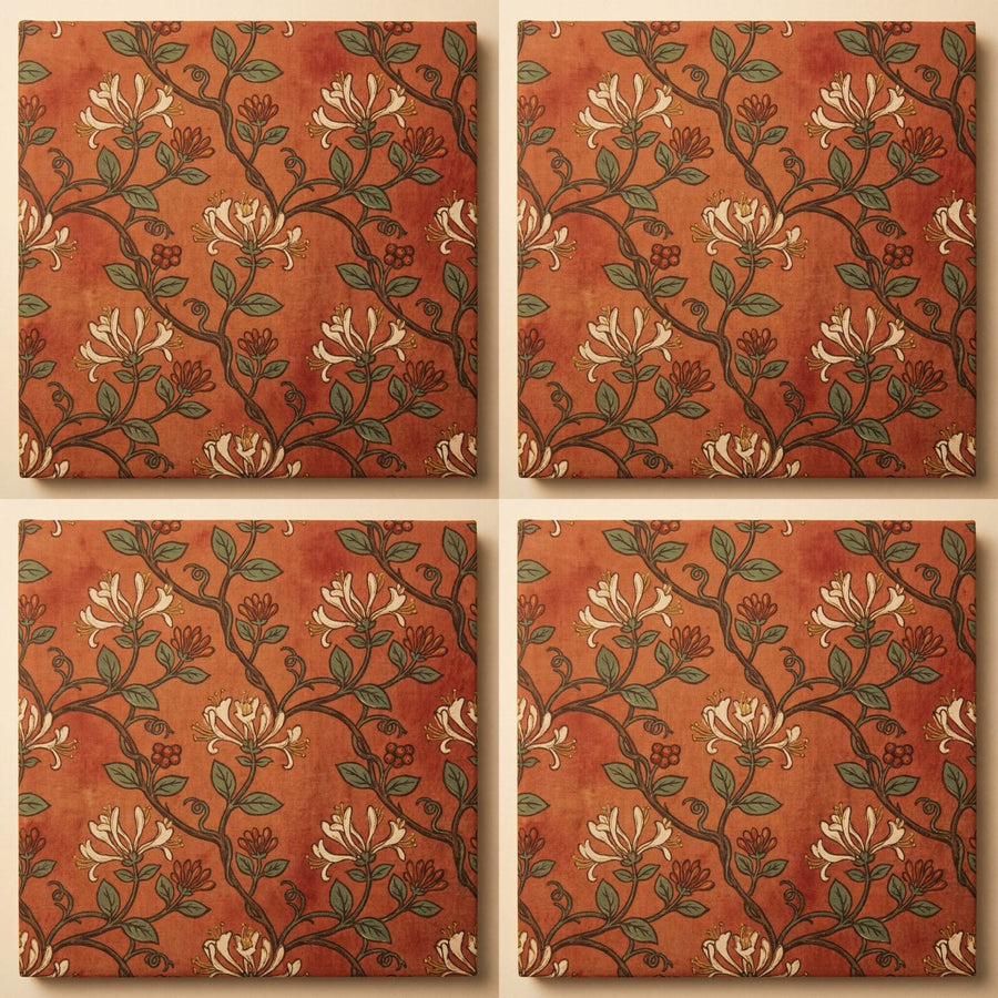 Morris's Honeysuckle reimagined on a warm terracotta ground, with cream, sage, and burnt orange. Made to order.