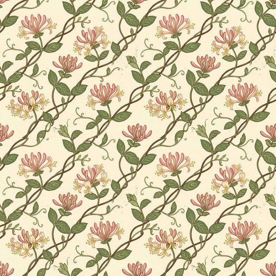 Immerse yourself in the fragrant embrace of our Honeysuckle Trail mural wallpaper. Featuring a warm ivory ground with creams, pinks, and greens. Made to order.