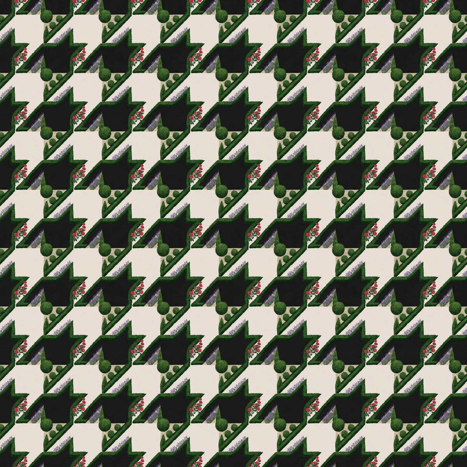 Architectural, witty, chic Houndstooth Garden mural. Black, white, green, red, lavender, brown palette. Made to order.