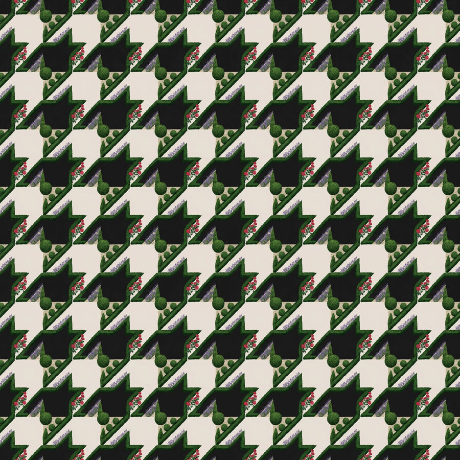 Architectural, witty, chic Houndstooth Garden mural. Black, white, green, red, lavender, brown palette. Made to order.
