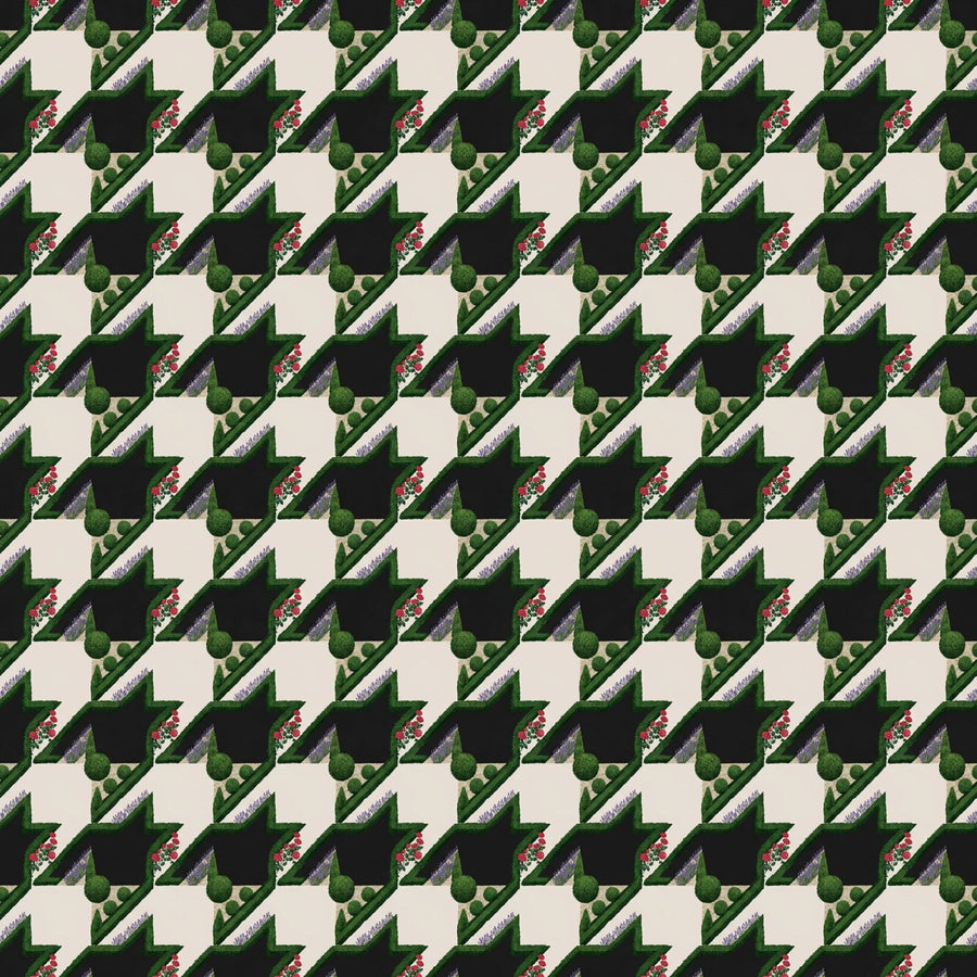 Architectural, witty, chic Houndstooth Garden mural. Black, white, green, red, lavender, brown palette. Made to order.