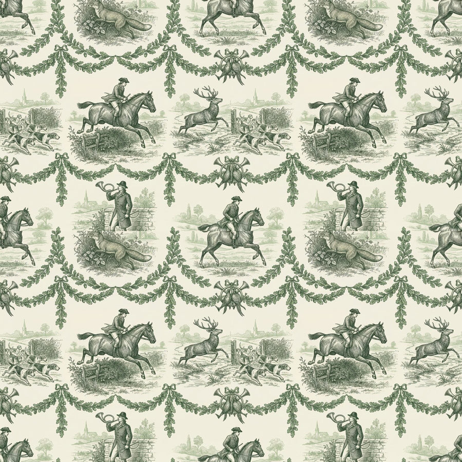 Experience the chase in freeze-frame with our Hunting Toile mural. French Cream and Hunting Green palette. Made to order.