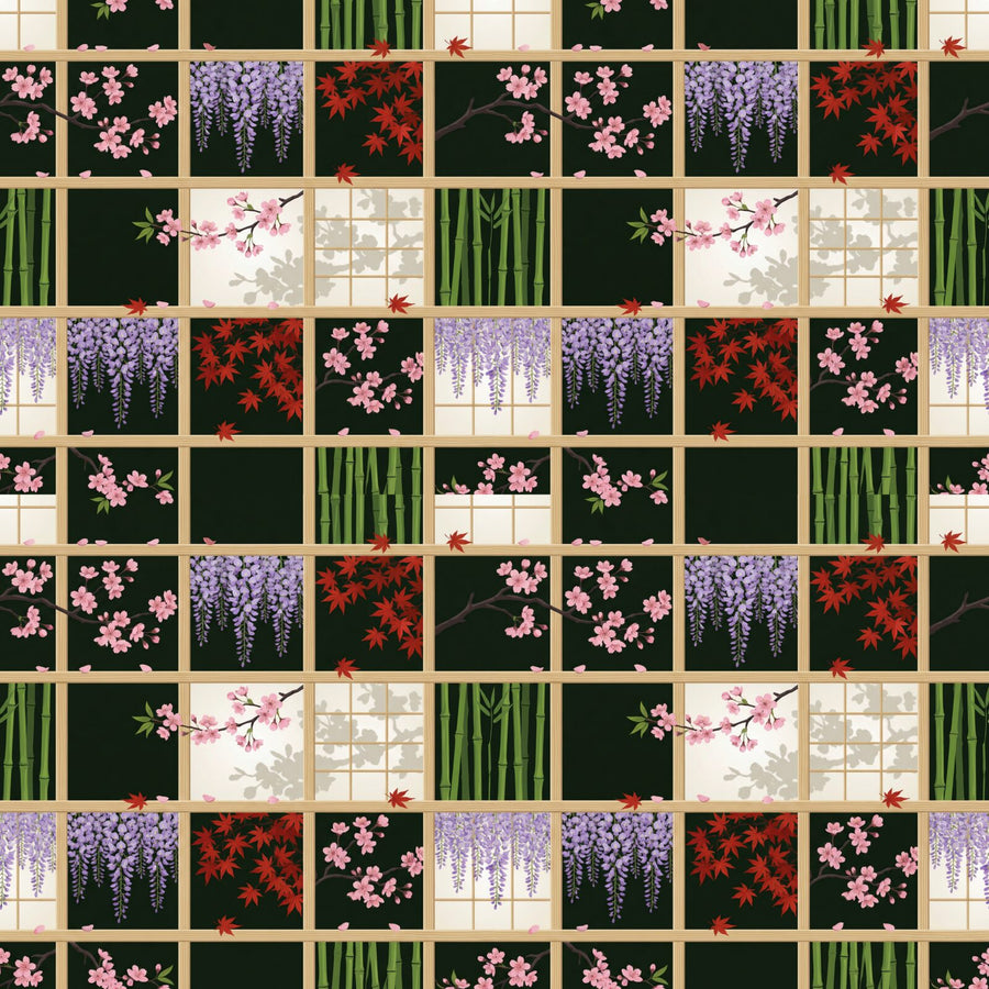 Experience ordered abundance with our Ikigai Grid mural wallpaper. Featuring a Japanese garden in spring bloom, framed by a shoji screen. Made to order.