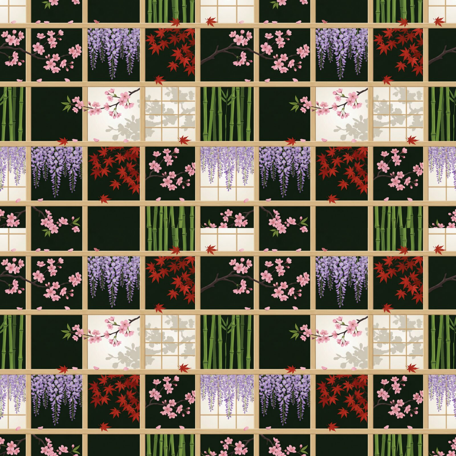 Experience ordered abundance with our Ikigai Grid mural wallpaper. Featuring a Japanese garden in spring bloom, framed by a shoji screen. Made to order.