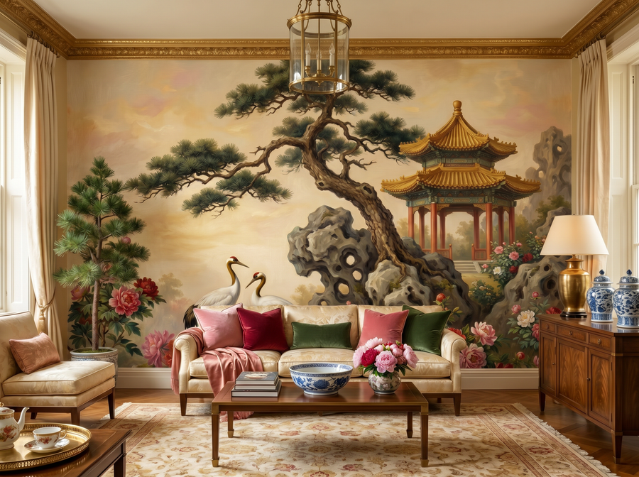 Imperial Garden — Chinoiserie Scenic Wallpaper Mural scenic wallpaper mural on the feature wall of a chinoiserie living room, in a soft grey palette — The Wall Shawl.