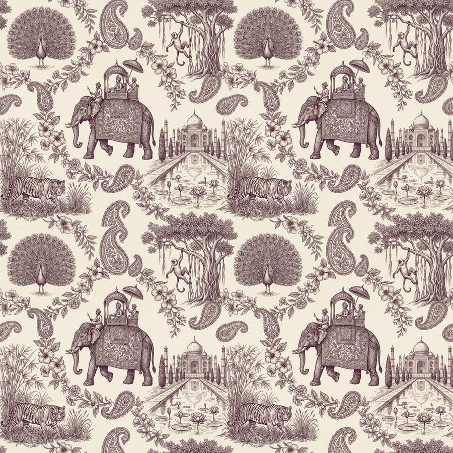 Exotic Indian Toile mural in Aubergine hues. A fantastical landscape with elephants, palaces, and peacocks. Made to order.