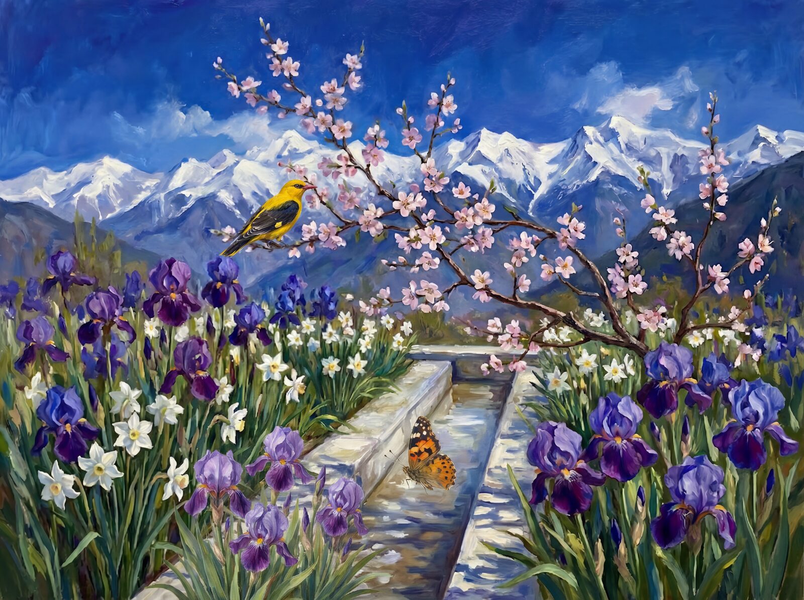 Vibrant scenic mural featuring irises and narcissus in a Kashmir garden palette. Made to order.
