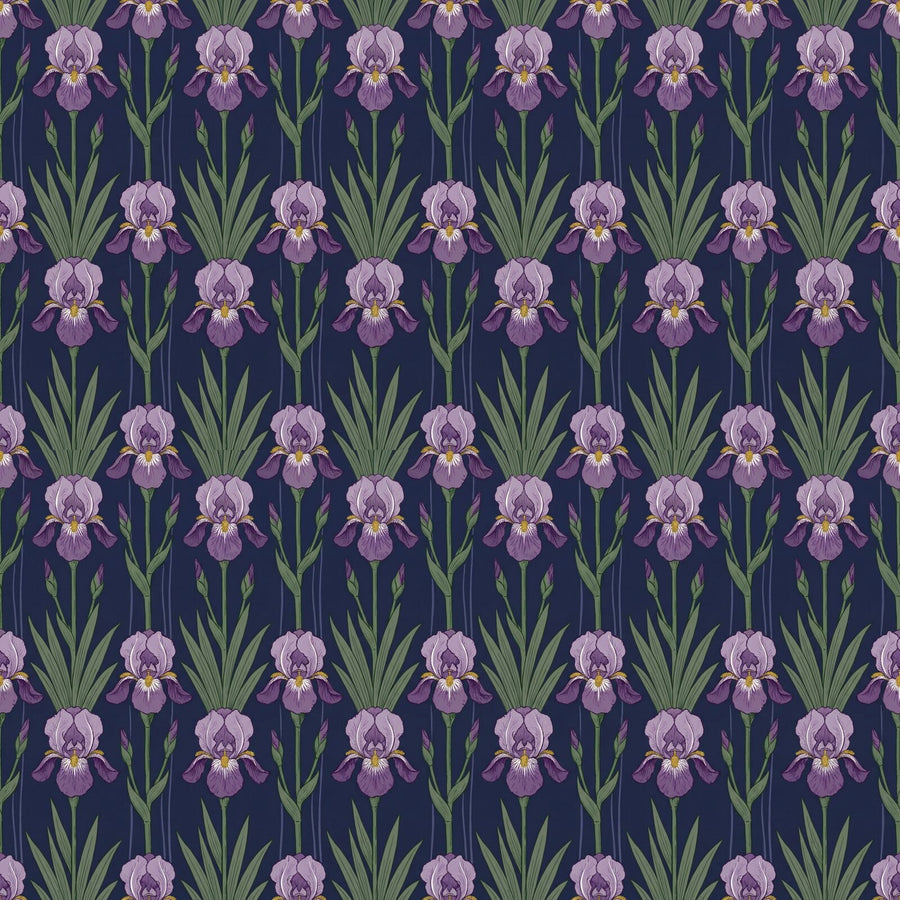 Experience the stately beauty of Iris Procession mural wallpaper. Featuring deep indigo, royal purple, and gold. Made to order.