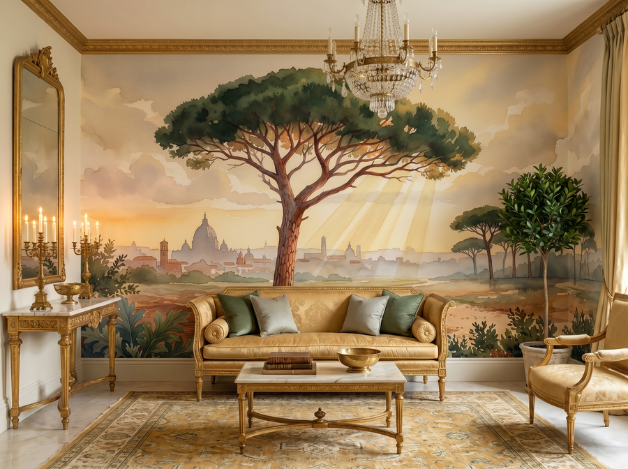 Italian Stone Pine scenic wallpaper mural on the feature wall of a Mediterranean living room, in a moody black-and-charcoal palette — The Wall Shawl.
