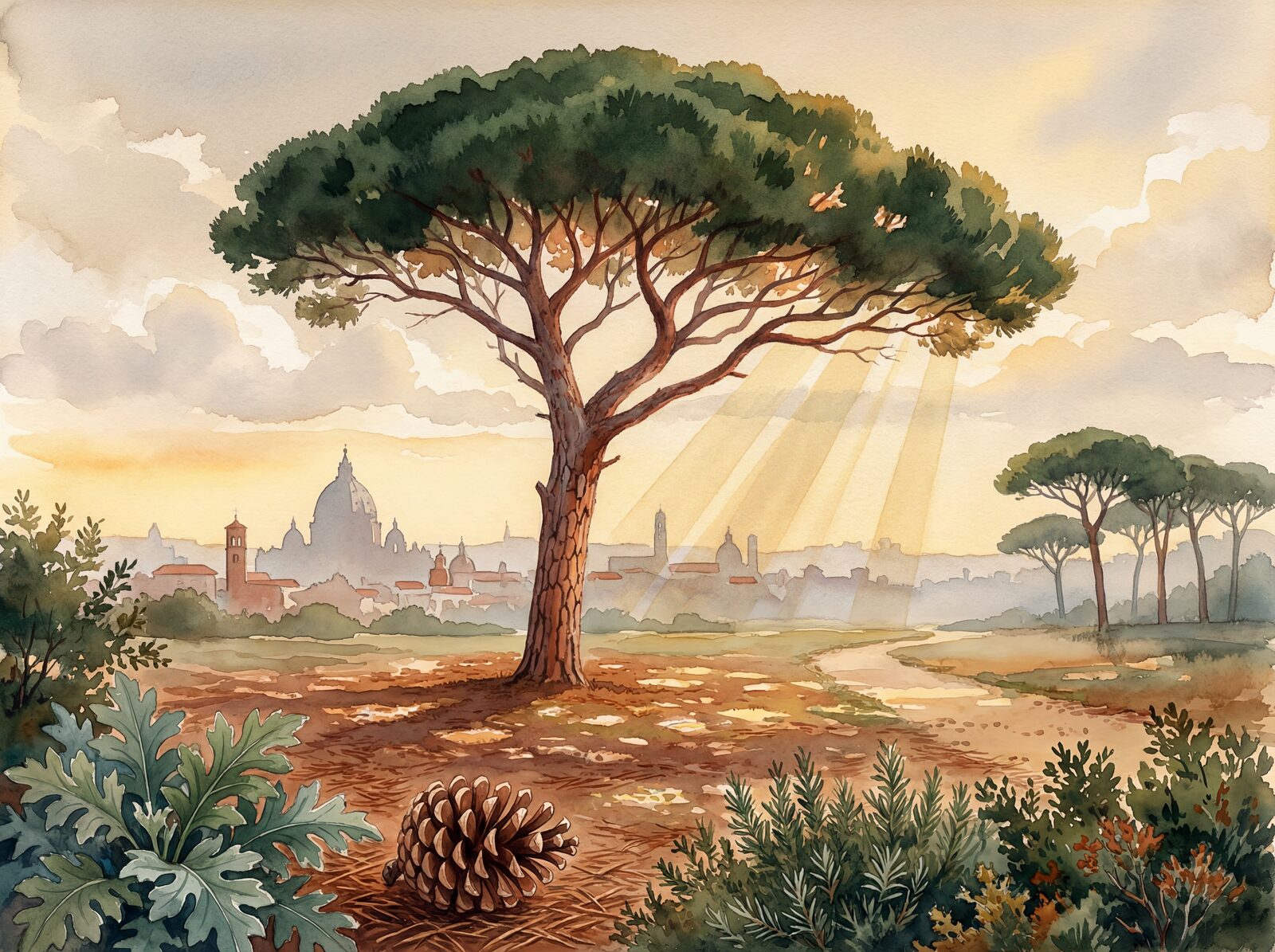 Italian Stone Pine scenic mural with dark green, bronze, and warm hues. Made to order.