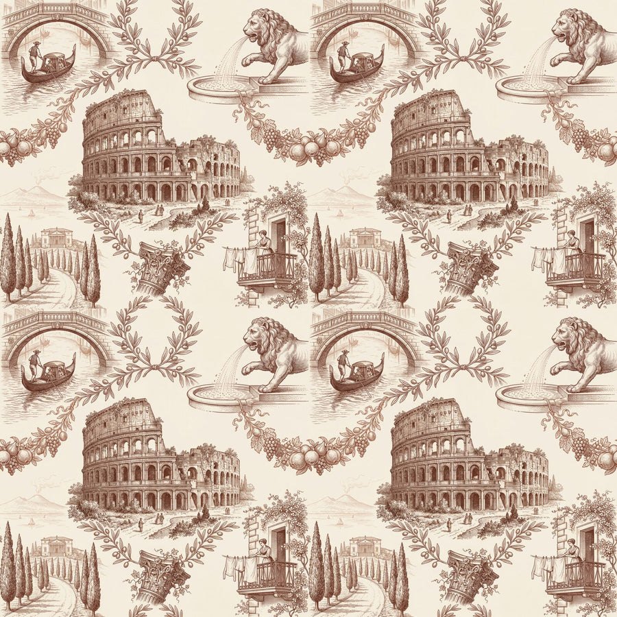 Experience the warmth of Italy with our Italian Toile mural, featuring iconic scenes in a rich terracotta and cream palette. Made to order.