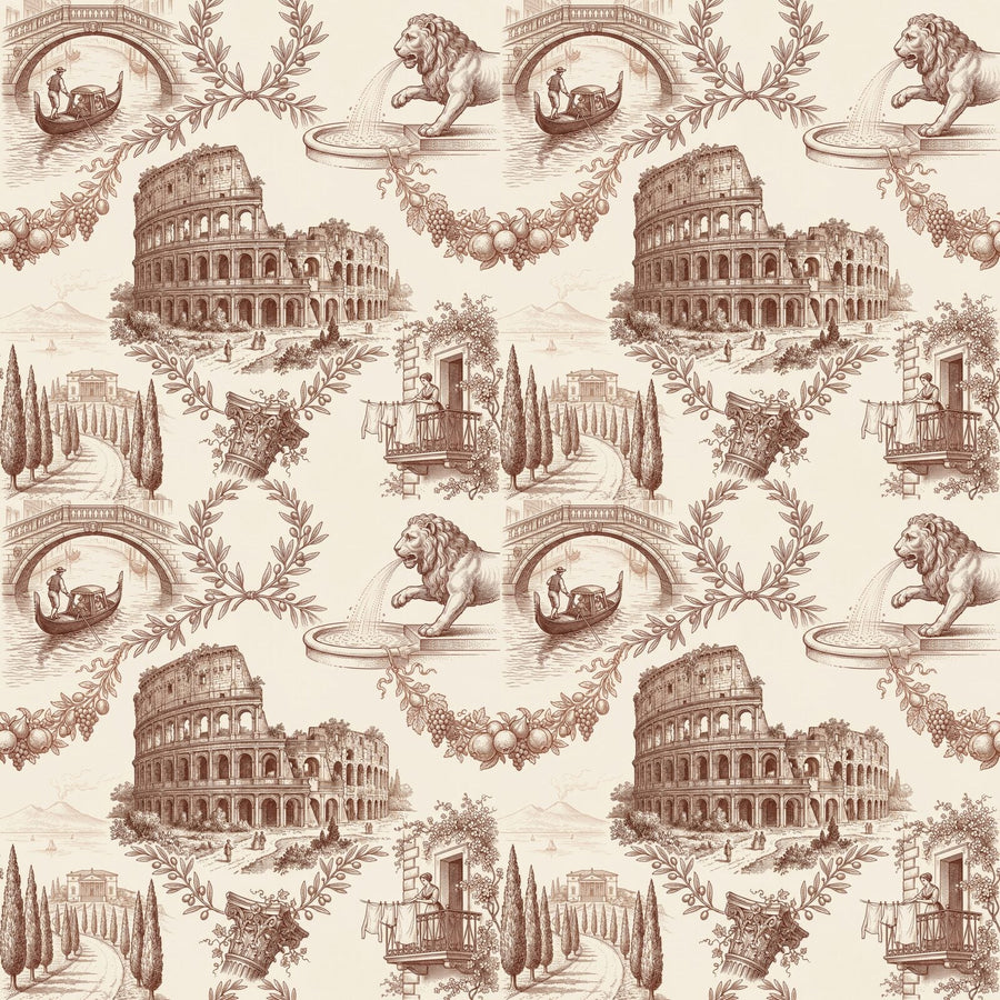 Experience the warmth of Italy with our Italian Toile mural, featuring iconic scenes in a rich terracotta and cream palette. Made to order.