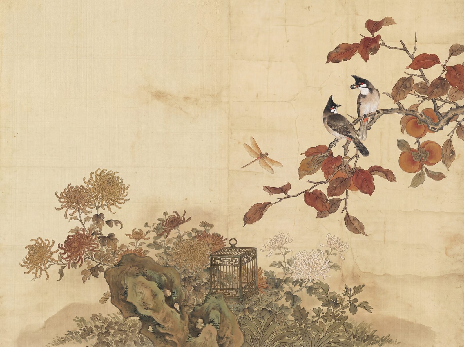 Ivory Chinoiserie mural wallpaper featuring persimmon, chrysanthemum, and bulbul. Palette: Ivory Silk, Persimmon Orange, Chrysanthemum Gold. Made to order.