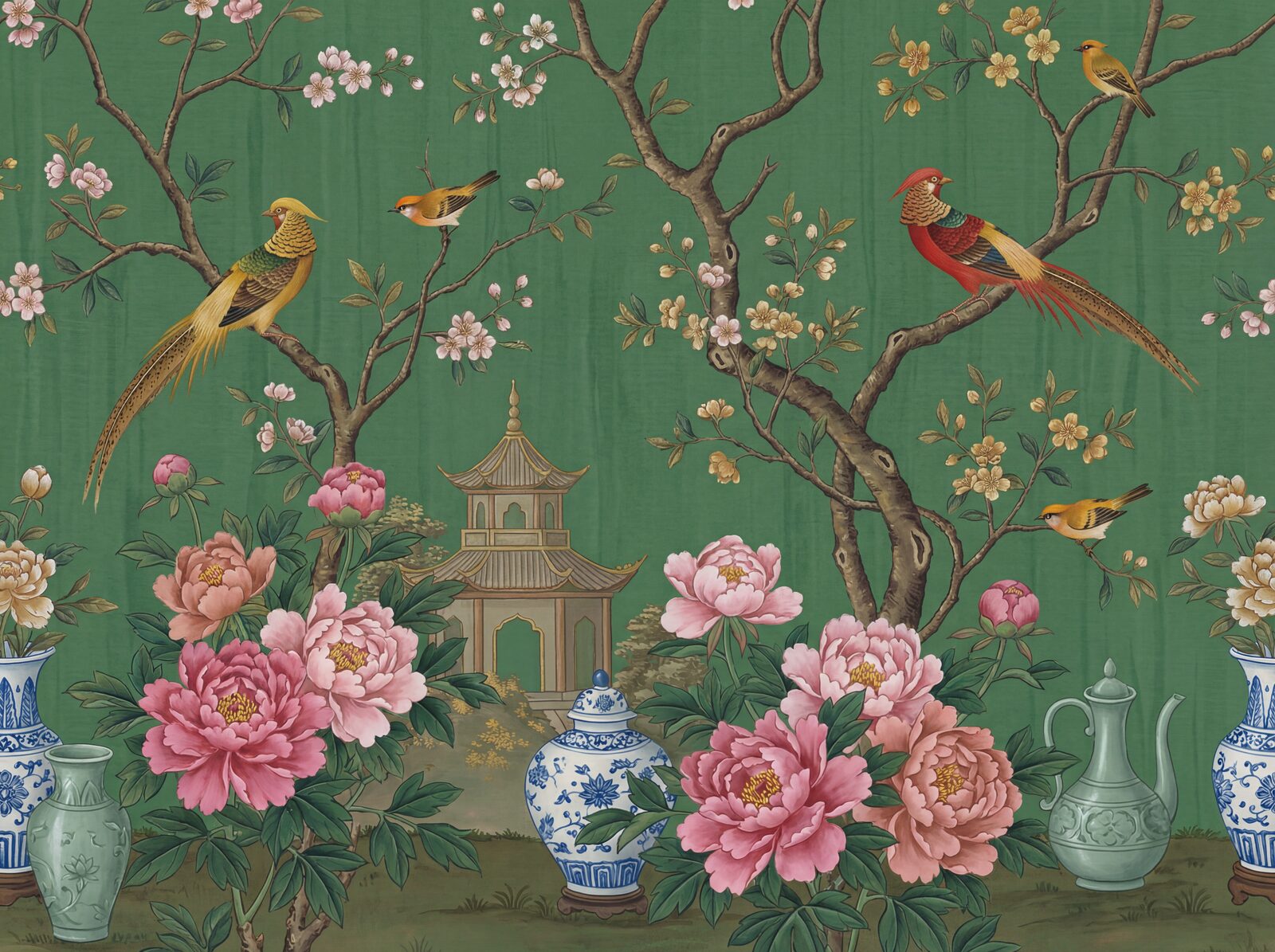 Luxurious scenic mural with jade, pink, and gold hues. Made to order.
