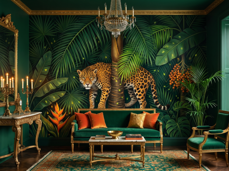 Jaguar in Palms scenic wallpaper mural on the feature wall of an English-country dining room, in a moody black-and-charcoal palette — The Wall Shawl.