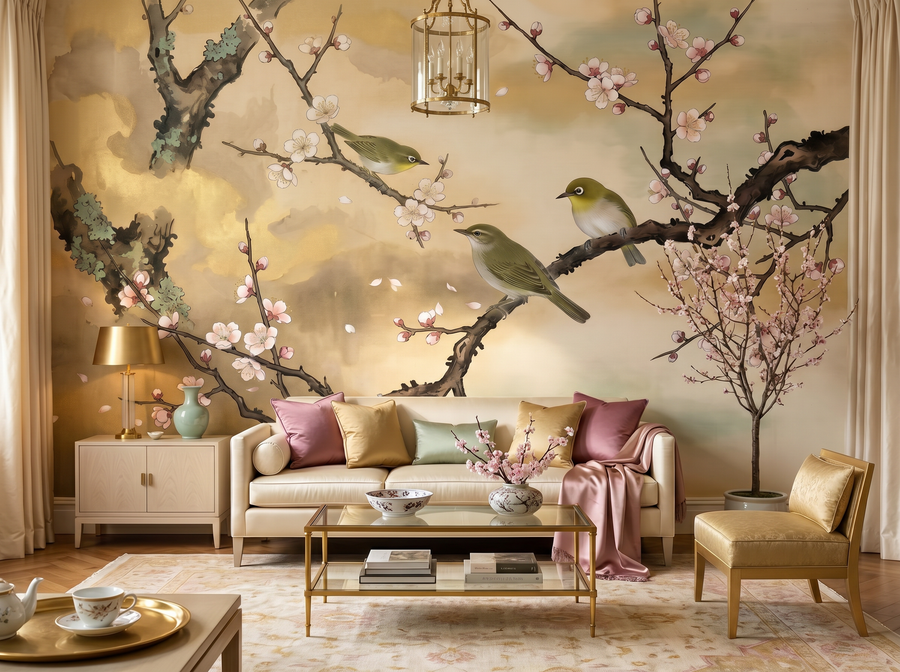 Japanese Birds scenic wallpaper mural on the feature wall of a chinoiserie living room, in a verdant green palette — The Wall Shawl.
