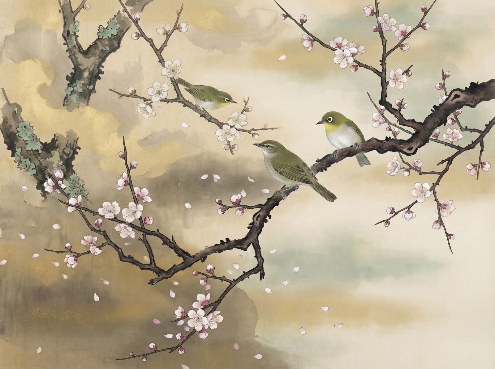 Delicate bird-and-flower mural with Winter Branch, Warbler Green, and Plum White hues. Made to order.