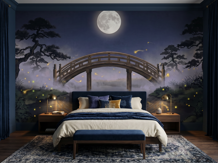 Japanese Bridge Moon scenic wallpaper mural on the feature wall of a chinoiserie living room, in a moody black-and-charcoal palette — The Wall Shawl.