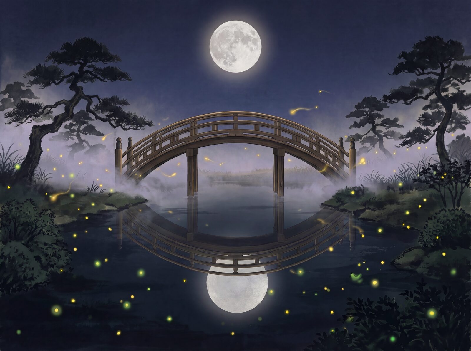 Scenic mural wallpaper in Night Water, Bridge Vermilion, and Moon Silver hues. Made to order.
