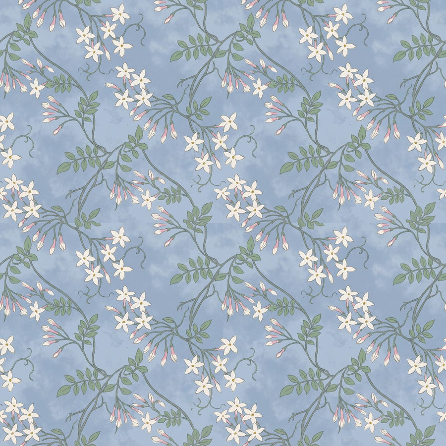 Delicate white jasmine on a soft powder blue ground with gentle green foliage and golden accents. Made to order.