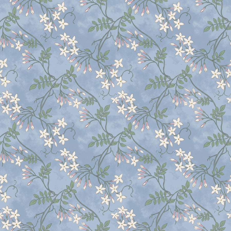 Delicate white jasmine on a soft powder blue ground with gentle green foliage and golden accents. Made to order.